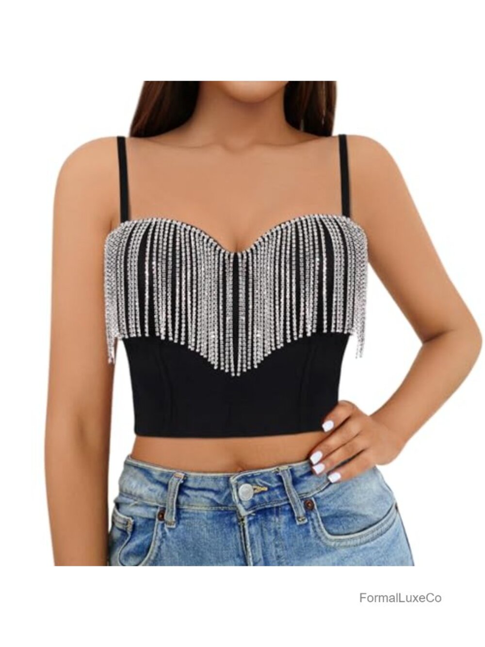 Rhinestone Beaded Bustier Push Up Corset Tassel Party Top